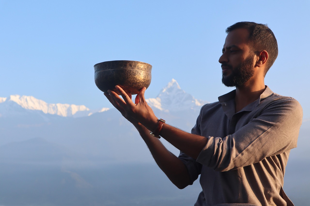 tibetan singing bowl, tibet, singing bowl, relaxation, yoga, meditation, healing, nepal, buddha purnima, himalaya, annapurna, peace, spirituality, pokhara, buddha, calm, heal, bliss, yogi, man, portrait, outdoors